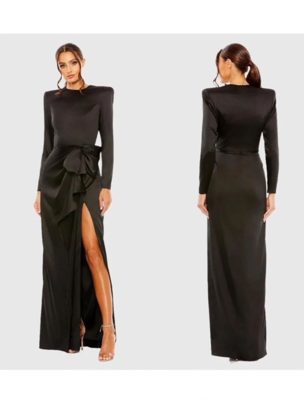Mac Duggal 26676 Ieena Size 4 Long Sleeve Structured Bow Draped Gown Black NWT